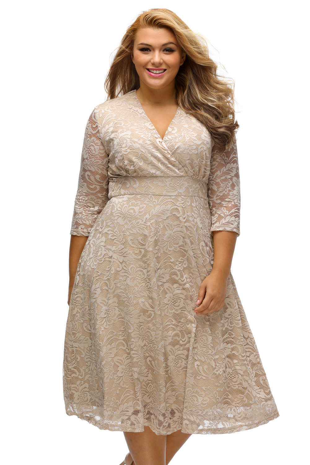 BY61442-18 Apricot Plus Size Surplice Lace Formal Skater Dress